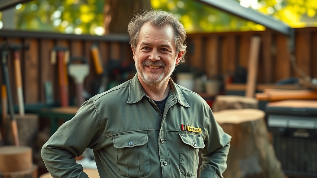 Portrait of certified arborist discussing safe tree removal techniques—uniform, warm smile, hands on hips, outdoors with tree stumps and tools, photorealistic with natural details.