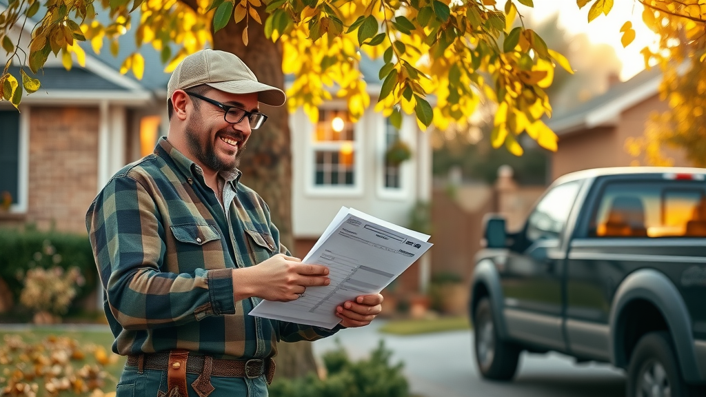 Safe tree removal techniques: arborist provides estimate to homeowner outdoors, reviewing clipboard near healthy tree in autumn, warm light, photorealistic.