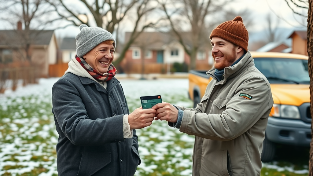 Homeowner saving money on Denver tree removal cost – pays professional crew member in early spring with visible snow patches.