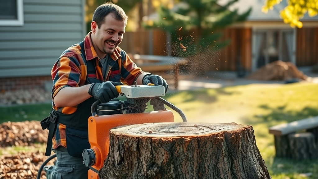 denver stump grinding tree removal - Technician operating stump grinder in Denver side yard, with mulch and wood chips visible