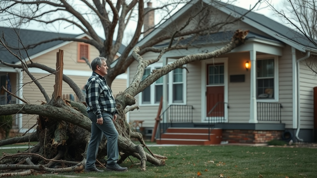A man stands in front of a house, looking at a large tree that has fallen across the front yard, with broken branches scattered on the grass and bare trees visible in the background.