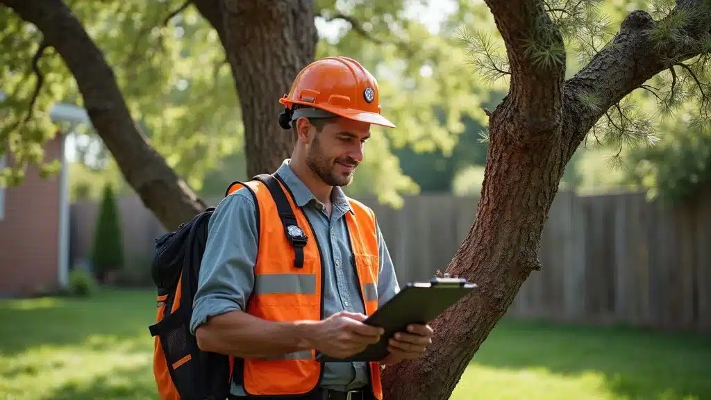 Certified arborist inspecting damaged tree after storm in Denver; using clipboard, in lush green yard; high realism, calm professional demeanor, no text