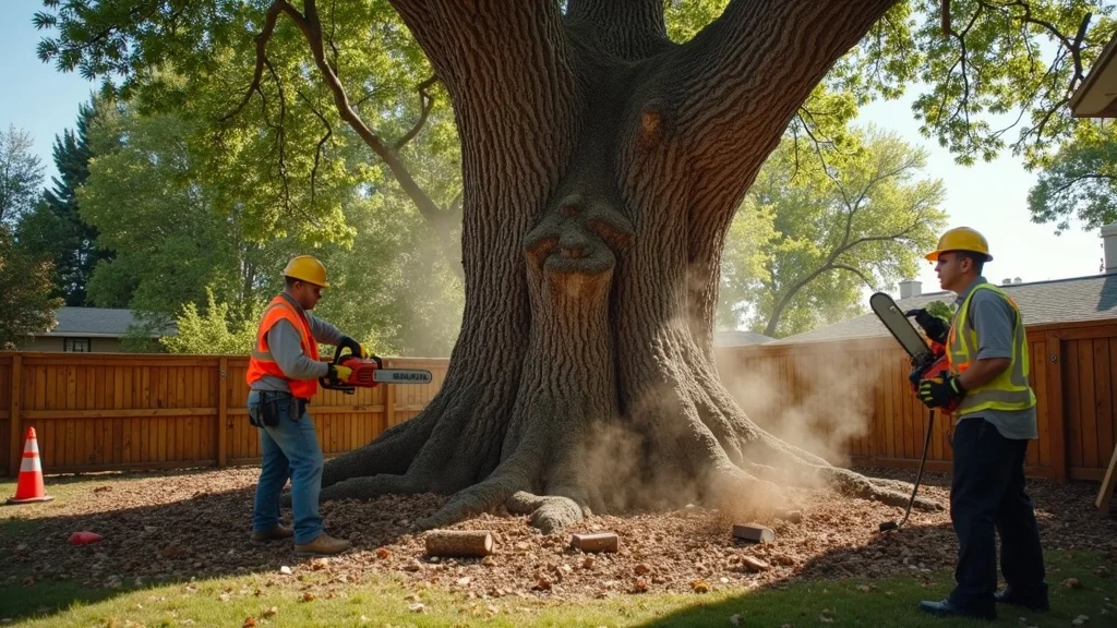 tree removal crew using chainsaws and crane removing large tree in Denver neighborhood