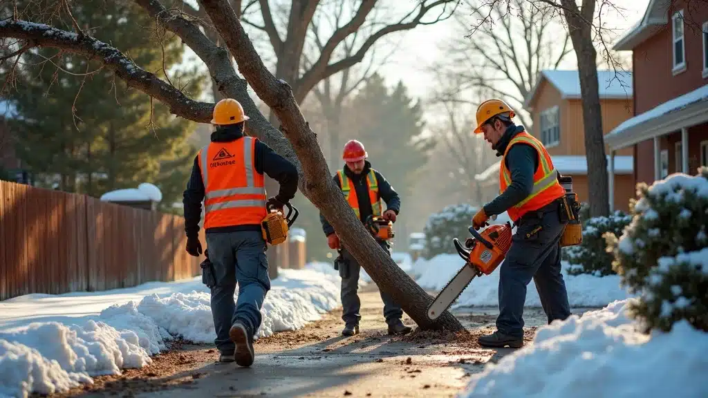 Professional emergency tree removal crew in Denver, driveway, branded safety gear; motion blur on branch; chainsaws, safety helmets, crisp details, no text