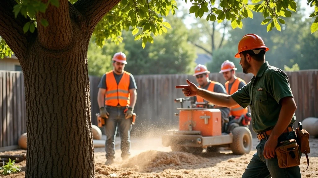 Certified arborist consulting versus tree removal crew in action—tree expert in Denver yard pointing at healthy tree and removal crew safely cutting large branch