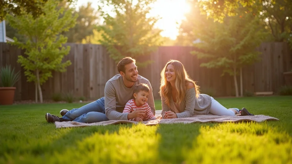 Lush revitalized backyard with new grass and young trees—family enjoying space after tree removal and lawn care in Denver CO