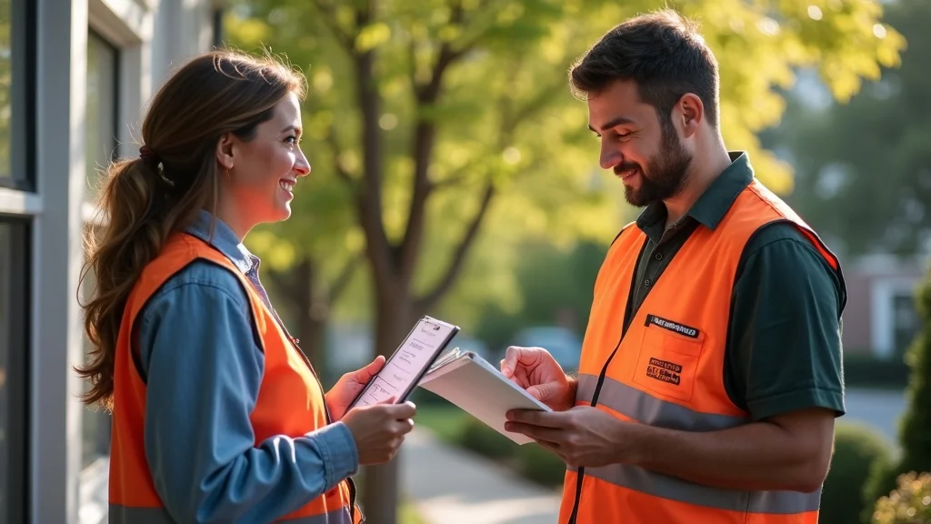 Homeowner consulting with licensed tree service provider on a Denver porch, going through safety credentials and checklist