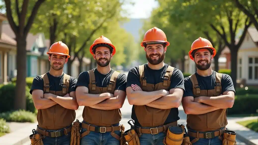 Four construction workers wearing orange helmets and brown tool belts stand side by side outdoors on a sunny day, smiling with their arms crossed, with trees and houses in the background.
