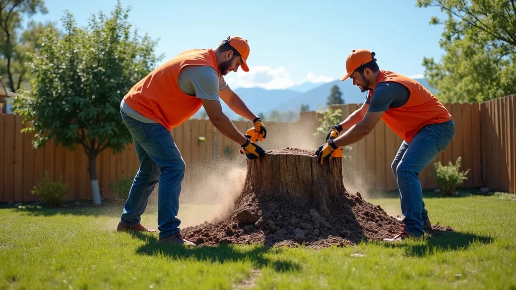 Efficient team removing a large tree stump—coordinated stump grinding and property cleanup in a Denver backyard with mountain views