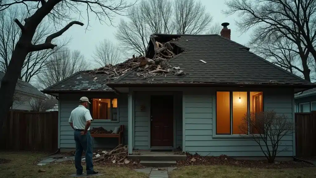 Significant property damage from delayed emergency tree removal in Denver; homeowner examining crushed roof, debris detail, storm aftermath, high realism, no text