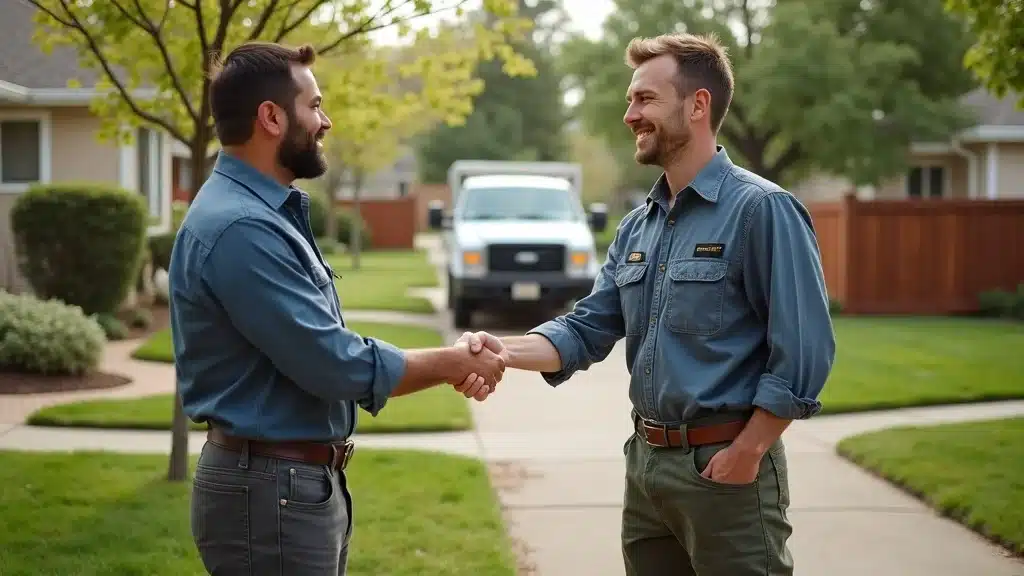 Satisfied customer shakes hands with certified arborist in Denver, consulting about tree removal and stump removal services.