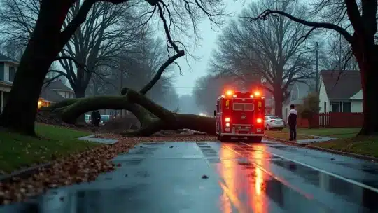 A fallen tree blocks a suburban street on a rainy day. A fire truck with flashing lights is stopped near the tree, and a few people stand nearby. Bare trees and houses line the wet street.