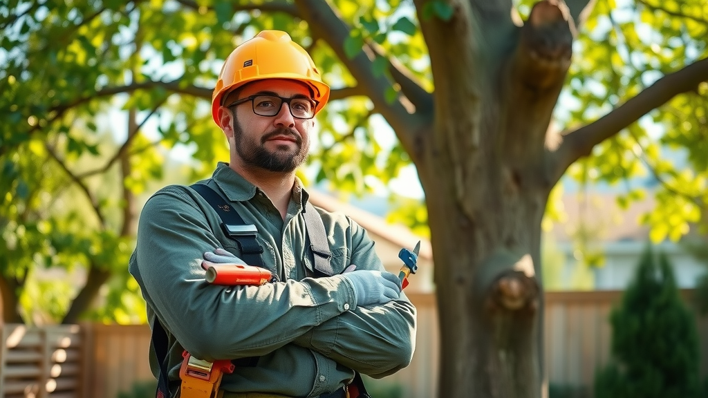 certified arborist denver tree service - Confident certified arborist holding safety gear assessing a large backyard tree with Denver mountains in the background