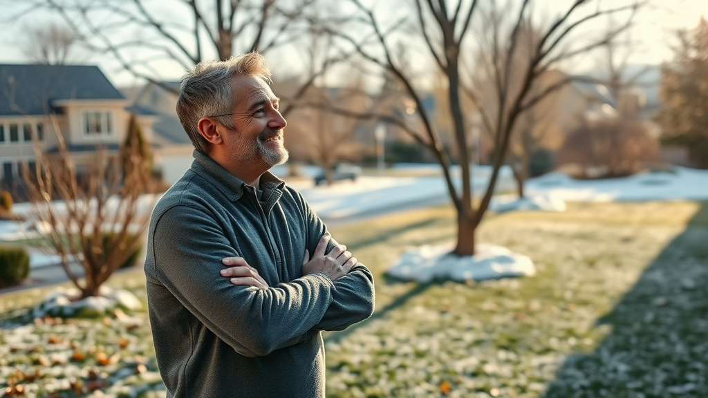 best season for denver tree removal - Denver homeowner in late autumn, content with tree removal plan as first snow falls and leafless trees surround the house