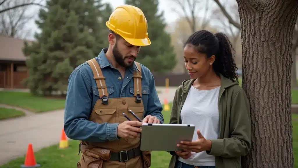Arborist and homeowner reviewing tree removal cost estimate using a tablet with tree diagrams in Denver area setting.