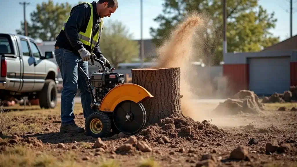 Worker operating commercial stump grinder in Denver yard, showing tree roots and wood chips flying during professional stump removal.