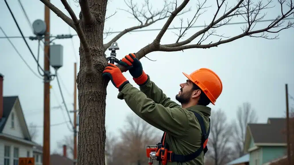 Arborist using insulated equipment for tree removal near power lines in Denver, with visible safety signage and residential backdrop.