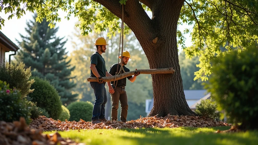 Professional tree removal crew in Denver safely lowering a large limb with ropes, performing expert removal service in a front yard