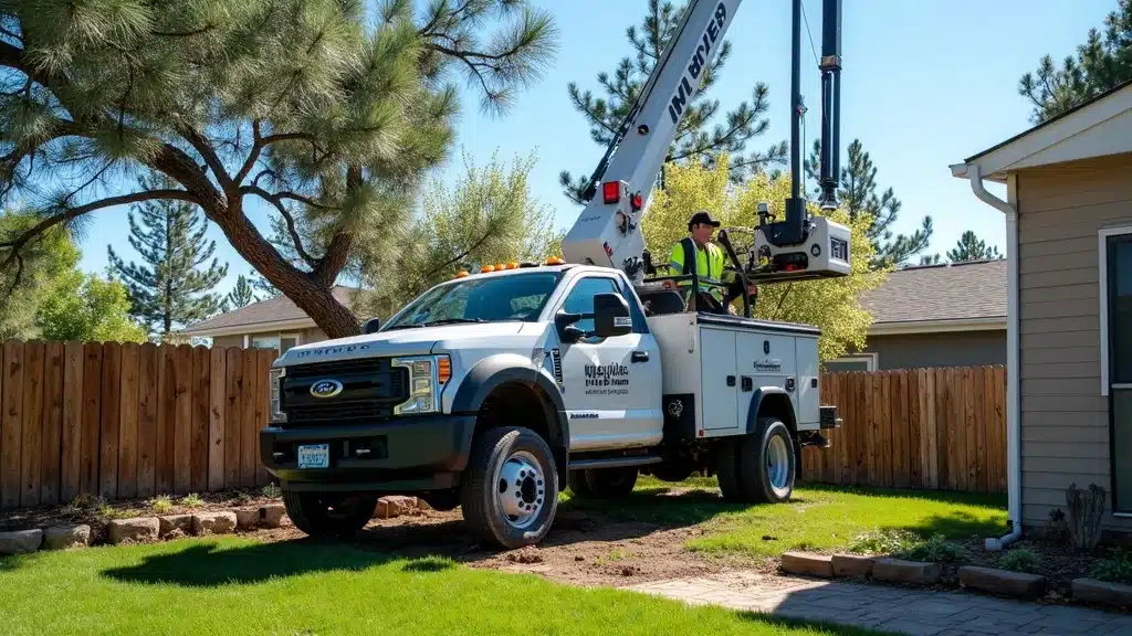 Modern emergency tree removal equipment in Denver yard, operator in safety vest, hydraulic lift, toppled pine tree, vibrant colors, high realism, no text