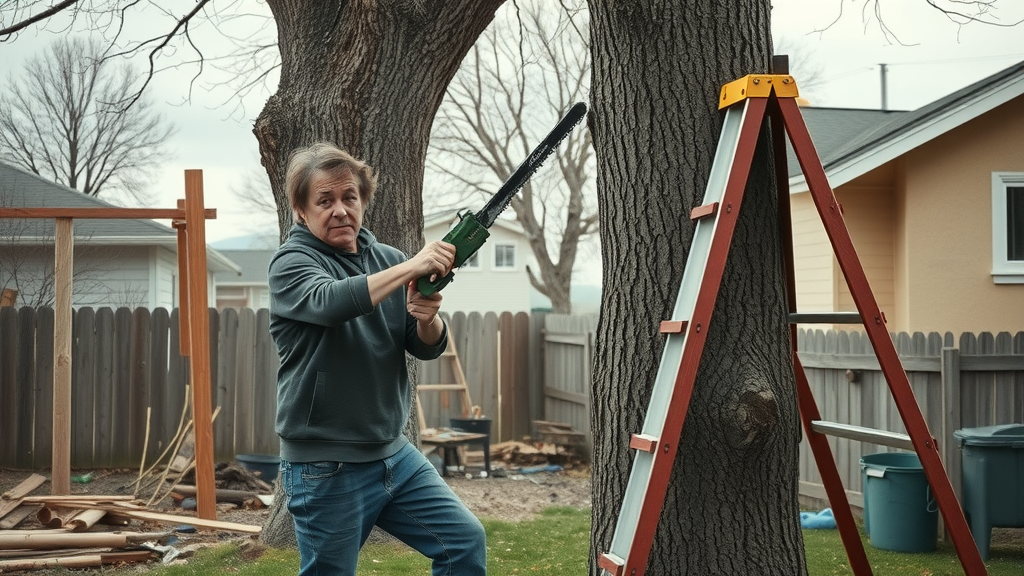 DIY tree removal denver risks - Homeowner attempting to cut a leaning tree with hand saw, unstable ladder and anxious expression in a Denver backyard