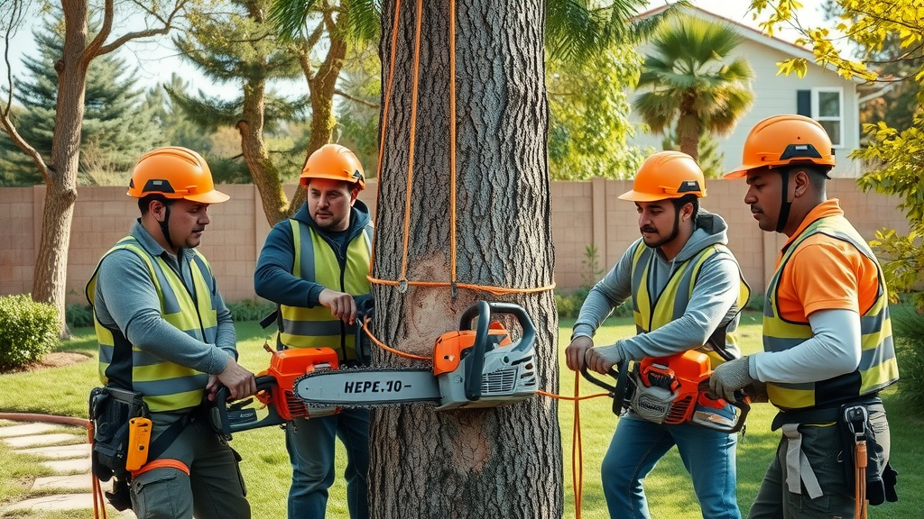 professional tree removal denver - Professional crew with chainsaws and ropes carefully removing a tall tree section in a Denver backyard