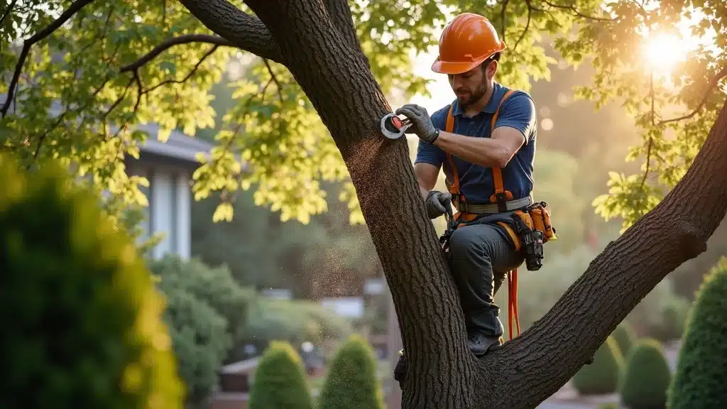 Certified arborist performing tree trimming in a Denver backyard, showcasing professional pruning tools, safety gear, and healthy garden landscape.