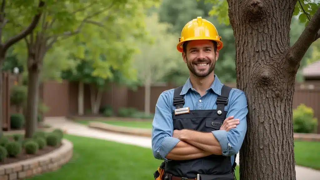 Friendly Denver arborist showing certification badge and safety helmet near a healthy trimmed tree, representing professionalism in tree cutting near me services.