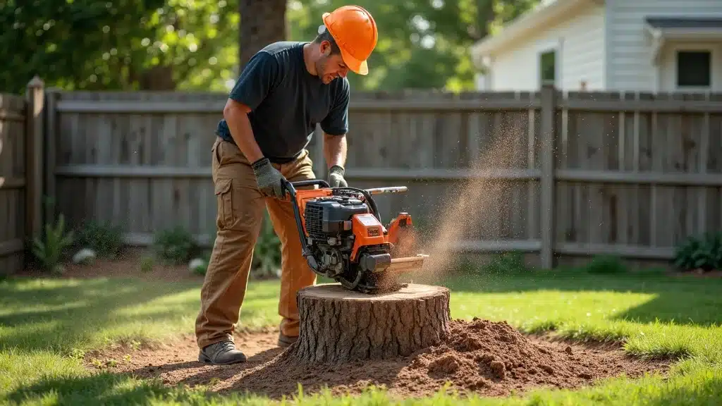 Tree stump removal by technician using grinder on Denver residential lawn with flying wood chips and protective barriers