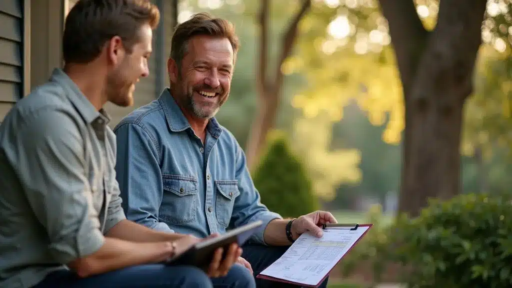 Homeowner discusses free estimate with tree care professional in Denver CO on a porch, highlighting the process of affordable tree removal service evaluation.