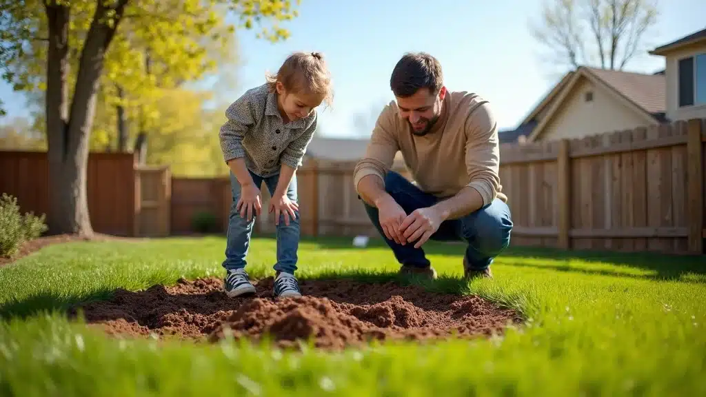 Denver yard after professional stump grinding, green turf, mulch spread, homeowner and child inspecting, aspen trees in background, spring lighting