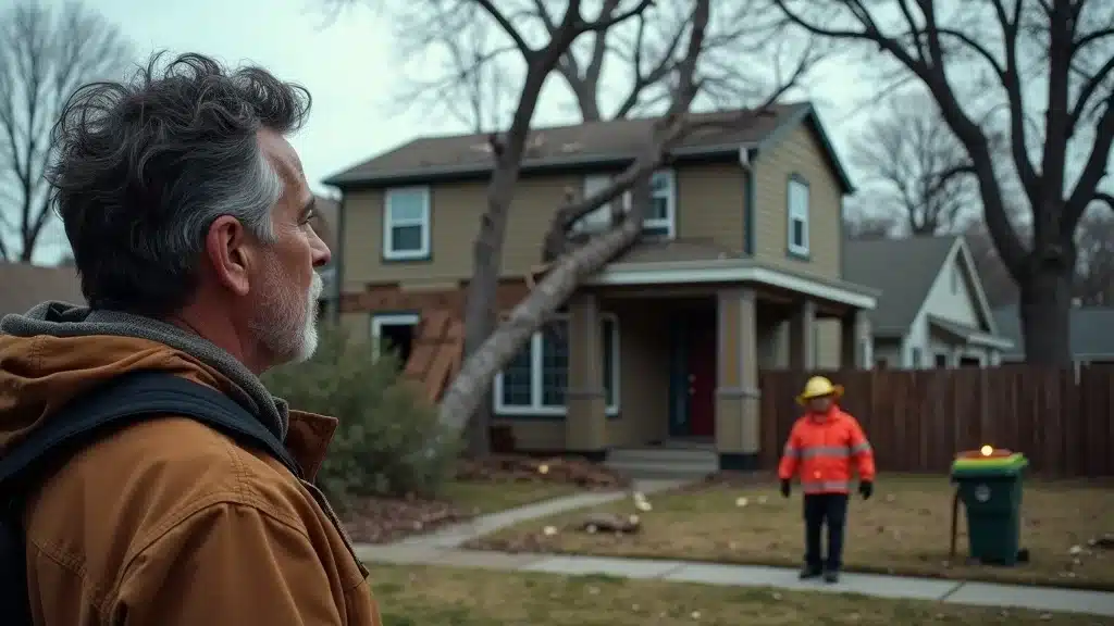 Property damage from improper tree removal in Denver, homeowner viewing fallen tree on house with broken roof and emergency personnel