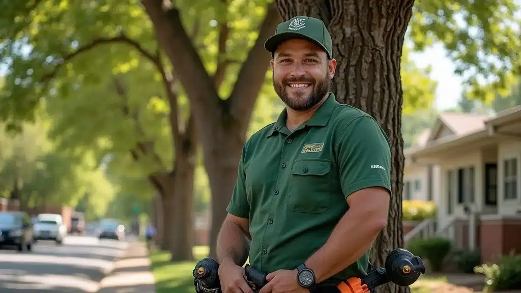 Confident Denver tree service expert with stump grinding equipment, neighborhood trees, branded attire, midday sunlight, high realism