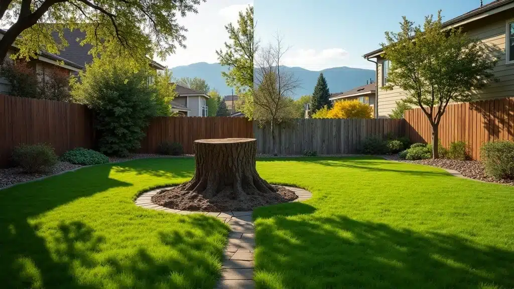 Before and after split image of a Denver yard—overgrown with stump on one side, fresh grass on the other, Rocky Mountain foothills in background, clear division, high realism