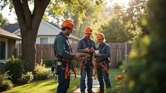 Three utility workers in safety gear and orange helmets stand in a sunny residential yard, reviewing plans and drinking coffee. Trees, a wooden fence, and houses are visible in the background.
