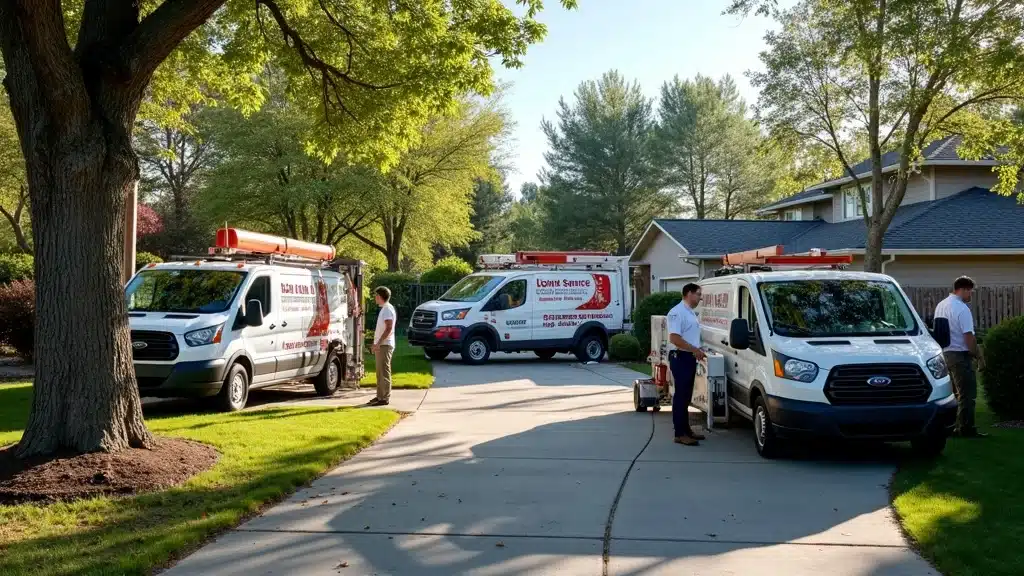 Modern fleet of professional stump grinding vehicles and crew beside a Denver home, preparing equipment in clean uniforms, branded vans, mature trees, high realism