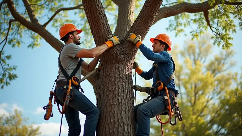 Professional arborists using ropes and harnesses to prune a tall tree with safety gear, demonstrating expert tree care in a sunny Denver backyard.