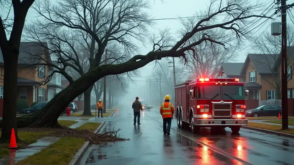Storm-damaged tree leaning on power lines in Denver, with professional crew assessing risks for safe emergency tree removal service.