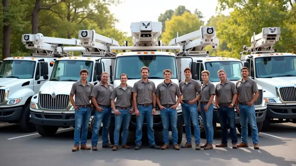 Uniformed tree service crew and marked work trucks lined up in Denver business lot with gear and certifications displayed