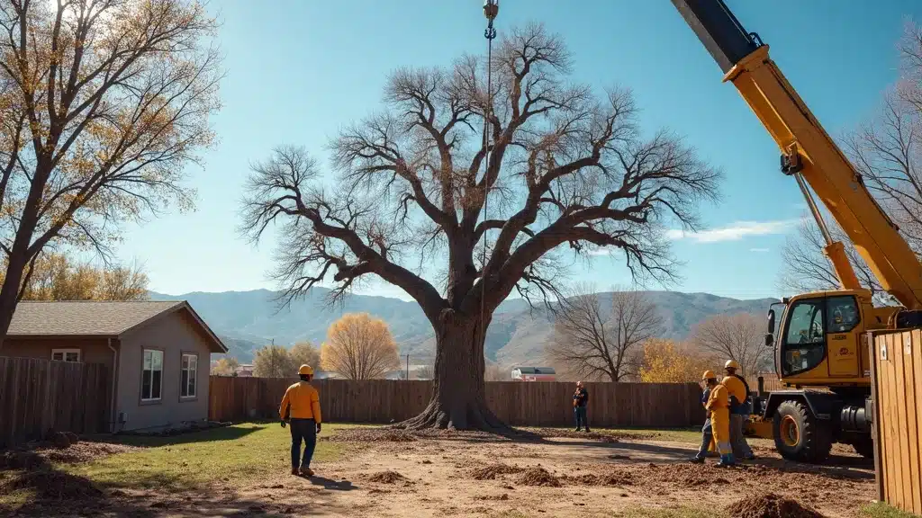 Massive dead tree being carefully removed by a crane by a coordinated Denver tree care crew, prioritizing safety near local homes and mountain foothills.