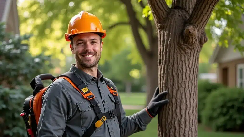 A smiling man wearing an orange hard hat, gloves, and safety harness stands outdoors, resting one hand on a tree. Lush greenery and a residential neighborhood are visible in the background.