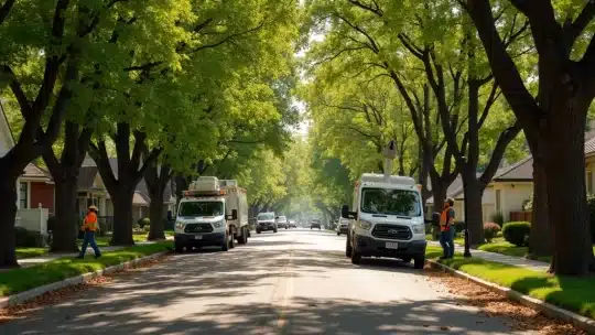 Utility workers in safety vests work on a tree-lined suburban street. Two service vans are parked on either side of the road, and houses are visible behind the trees. The scene is bright and sunny.