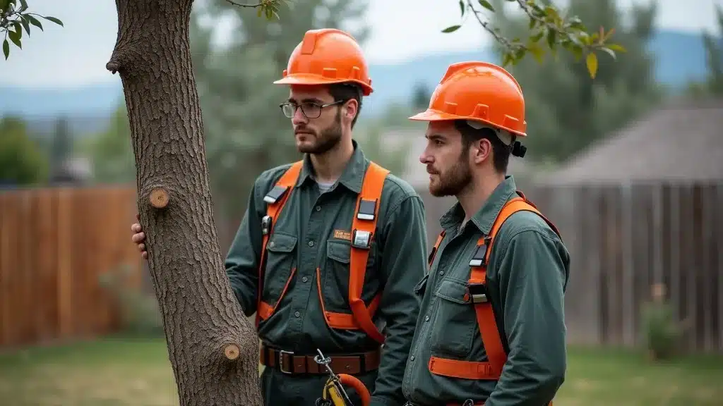 Two tree care workers compare affordable and cheap tree removal services in a Denver backyard, one in high-quality safety gear and one in worn clothing, with mountains in the background.