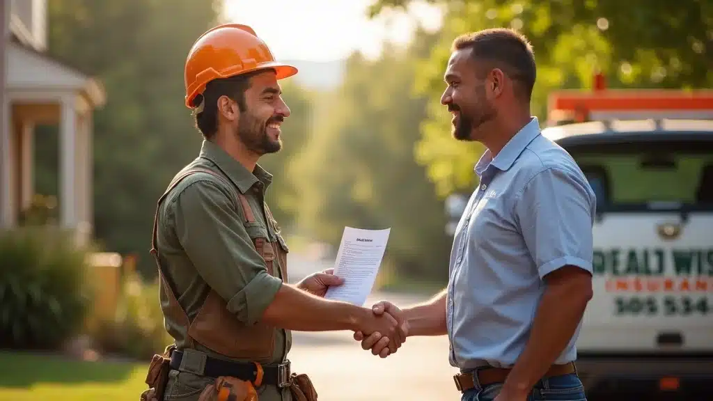 Licensed arborist reassuring homeowner and showing proof of insurance in Denver with work truck and safety gear in background