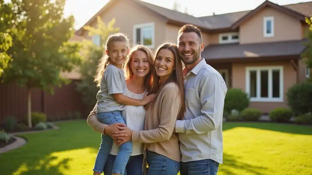 Happy Denver family in front of freshly landscaped home after hiring a licensed tree removal company for yard maintenance
