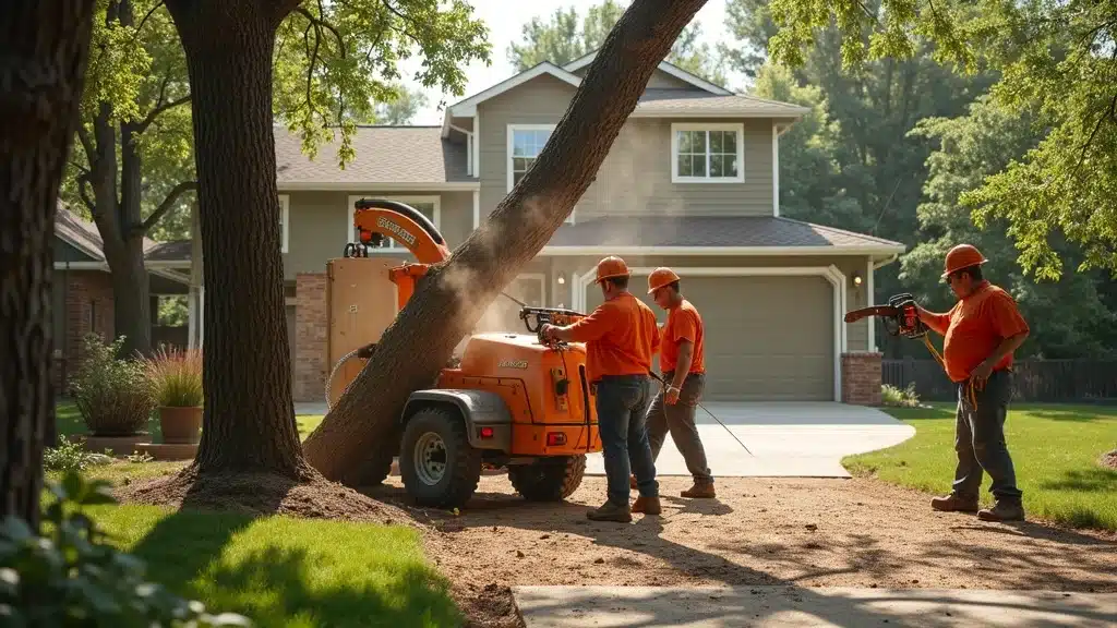 Team performing affordable tree removal in a Denver CO front yard, using ropes and a chipper in action, sunny day with teamwork and safety in focus.