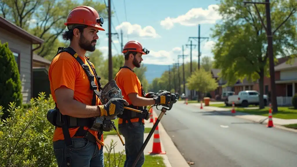 Safety-focused Denver tree crew managing limbs near power lines with insulated equipment to ensure power line safety and property protection.