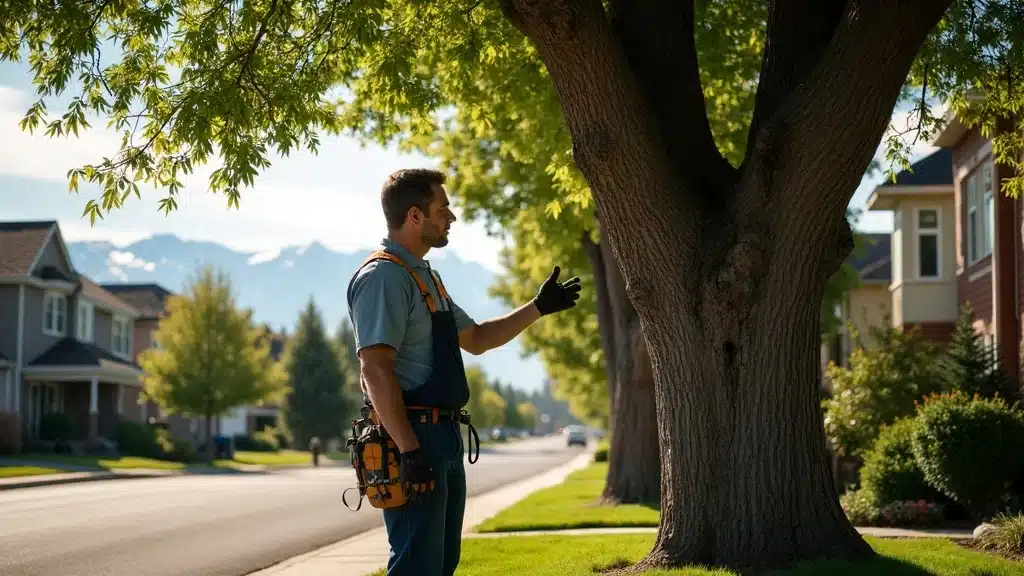 Professional arborist assessing a tree for removal cost estimate in Denver neighborhood with Rockies in the background, featuring specialized equipment and lush green landscape