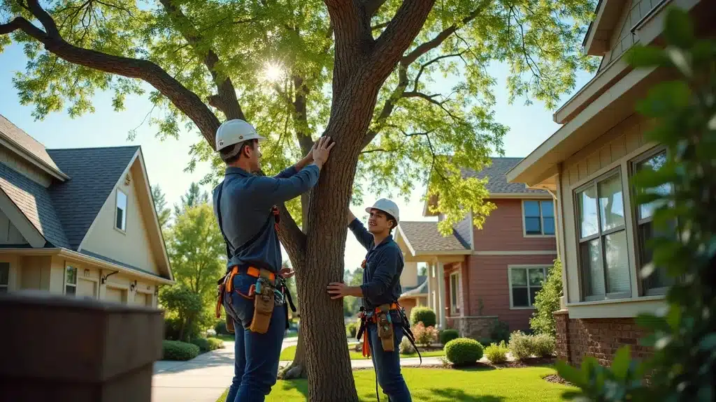 Skilled arborist team lowering a large branch away from Denver home as part of expert tree removal