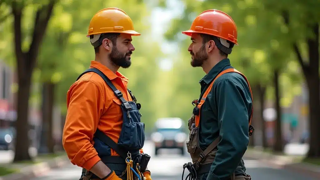 Certified arborist and tree surgeon standing side by side with tools in Denver neighborhood