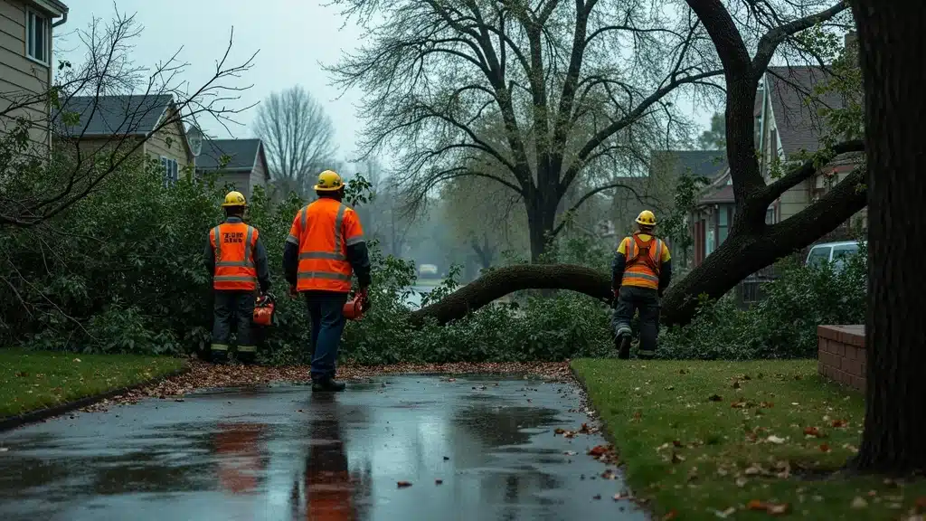 Emergency tree removal after Denver storm: team at work removing fallen tree from driveway under stormy gray skies